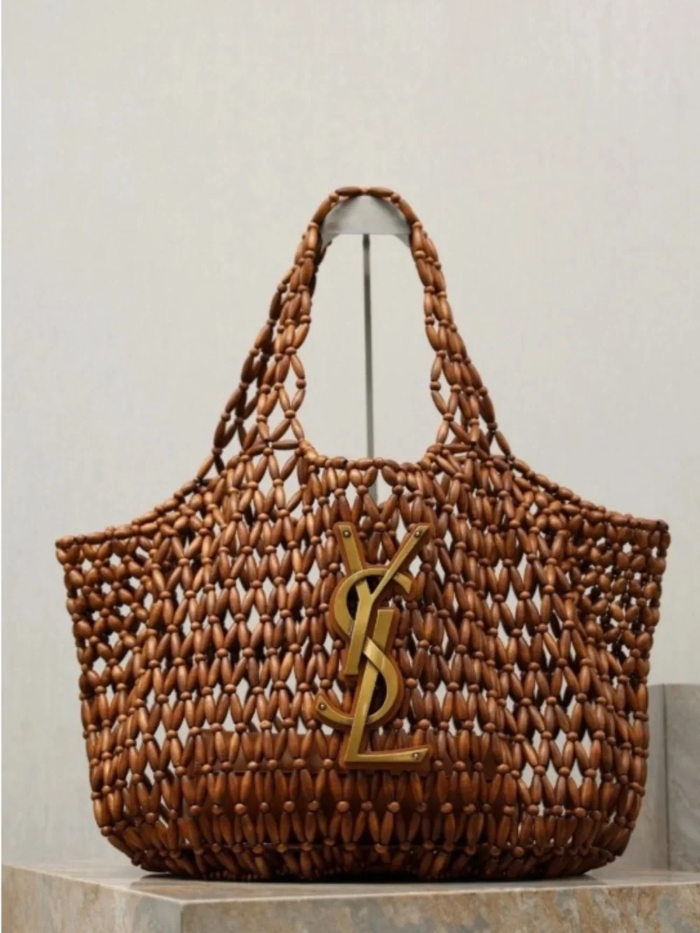 Saint Laurent Brown Woven Tote with Gold Logo